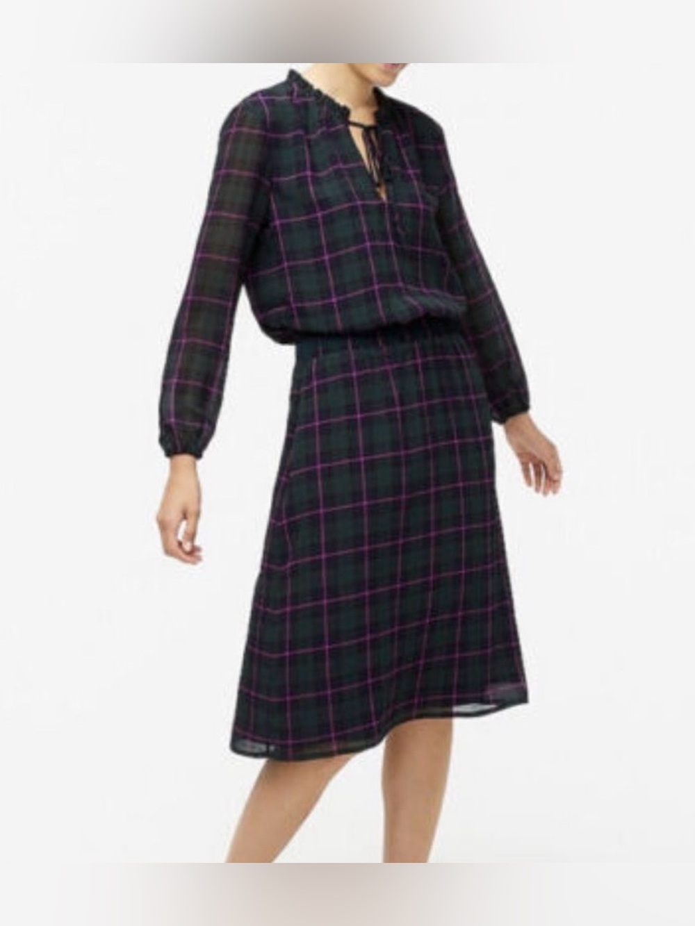J. Crew Plaid Long Sleeve Tie Neck Smocked Waist Midi Dress Sz Large